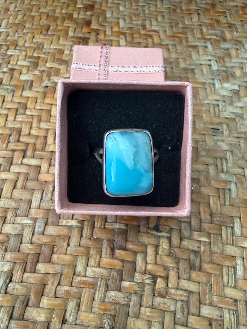 Larimar and 925 Silver Women’s Ring with Chunky Rectangular Stone.